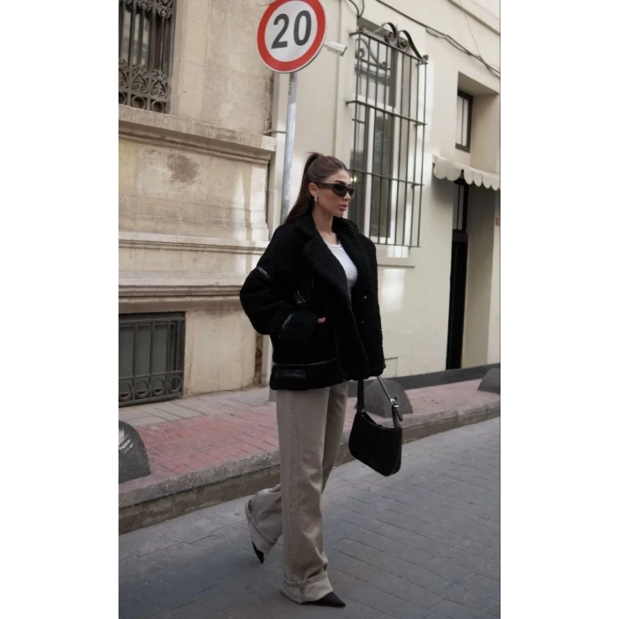 Cıt Cıt Detaylı Peluş Mont Ceket - Siyah