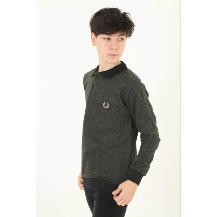 Çocuk Selanik Yaka Nakışlı Kazak - Haki