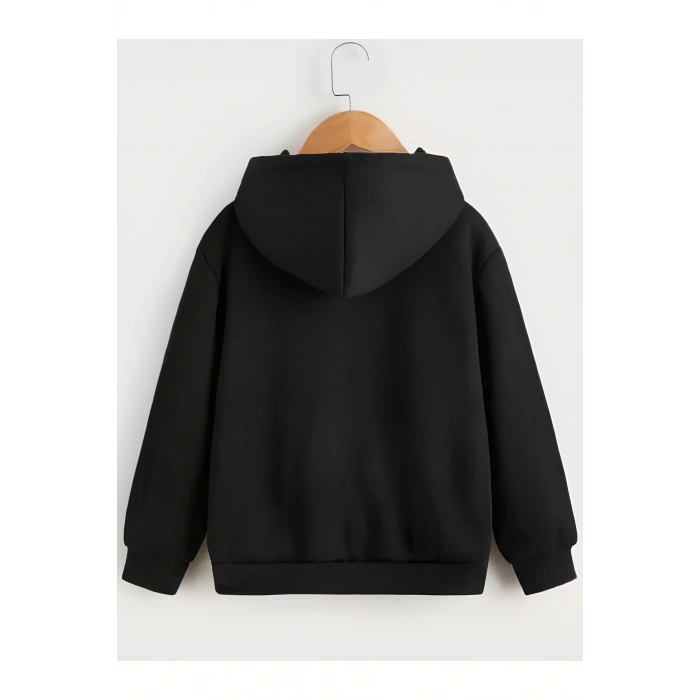 Çocuk Unisex Kapüşonlu Çizgi Kalp Baskılı Sweatshirt - Siyah