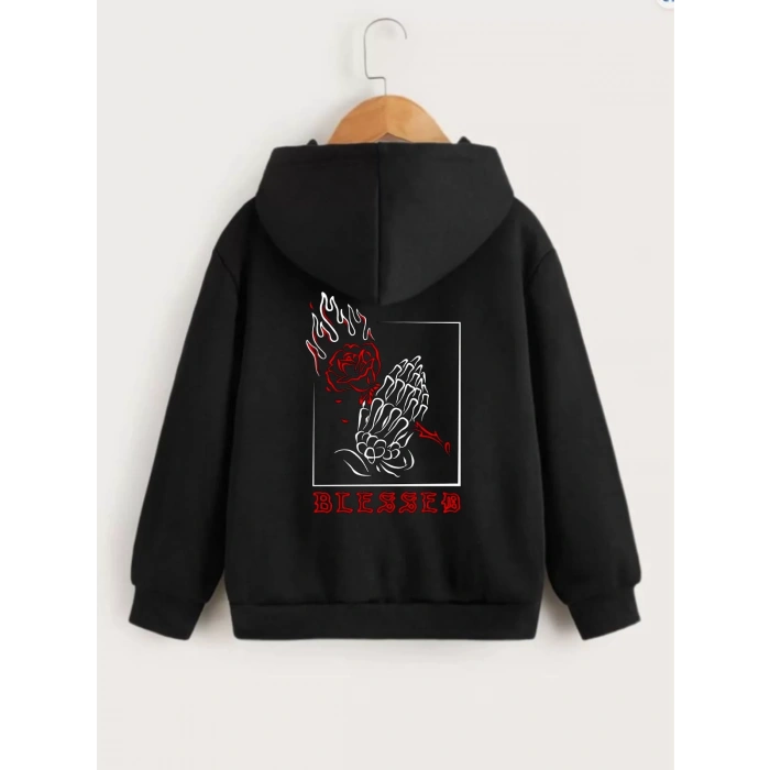 Çocuk Unisex Kapüşonlu Ön ve Arka Blessed Baskılı Sweatshirt - Siyah