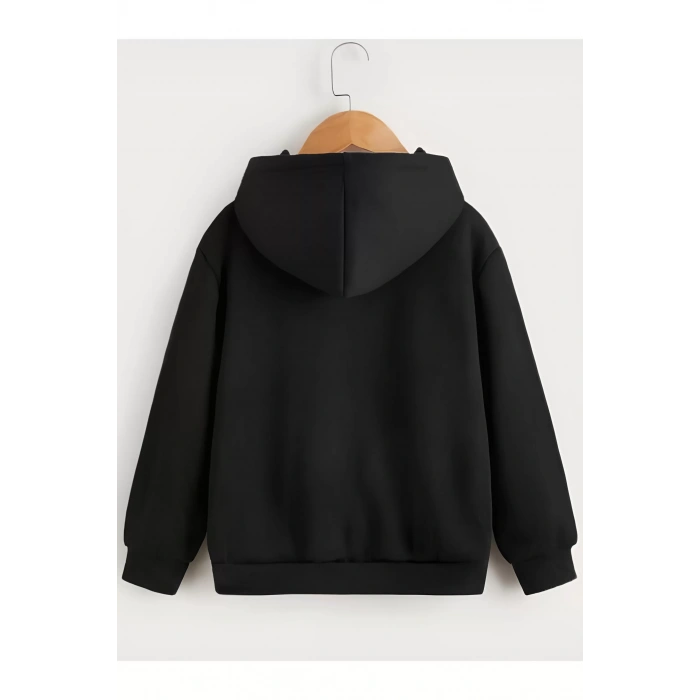 Çocuk Unisex Kapüşonlu Tatlı Kedi Baskılı Sweatshirt - Siyah