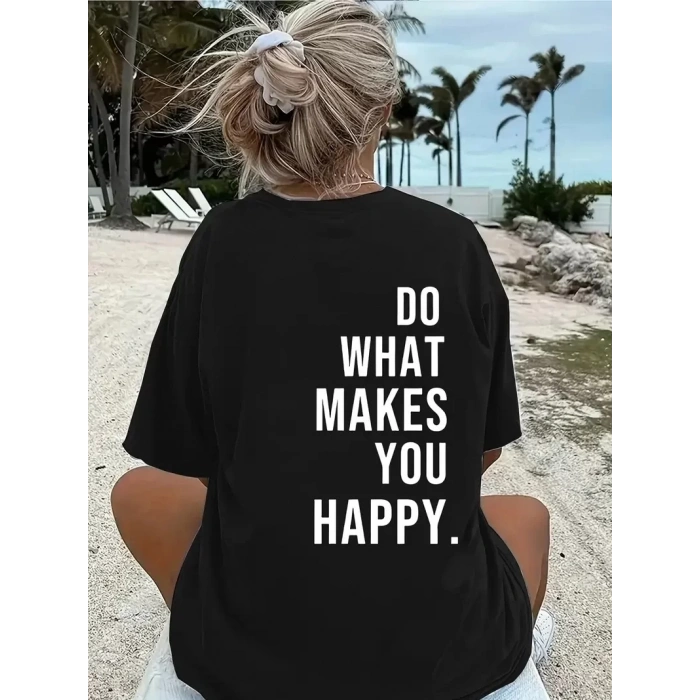 Do What Makes You Happy Unisex Linemen Oversize Baskılı T-shirt - Siyah