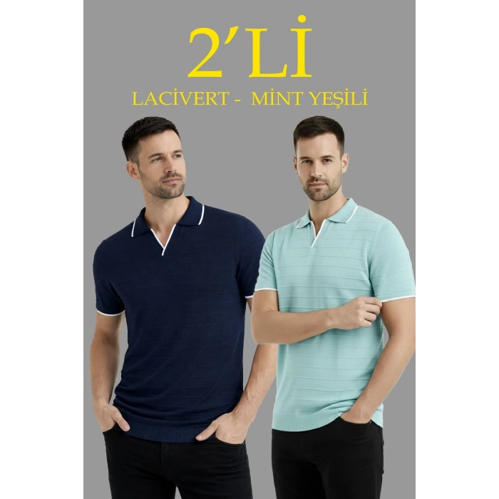 Erkek 2’li Paket Triko Yakalı Düğmesiz Açık Yaka Fitilli Kısa Kollu Regular Fit Tişört - Lacivert & Mint Yeşili