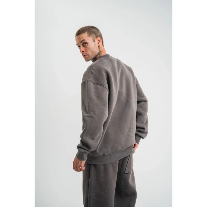 Erkek 3 İplik Pamuklu Yağ Yıkamalı Sweatshirt Double Oversize Bisiklet Yaka Uzun Kol - Füme