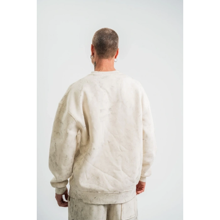 Erkek 3 İplik Pamuklu Yağ Yıkamalı Sweatshirt Double Oversize Bisiklet Yaka Uzun Kol - Krem