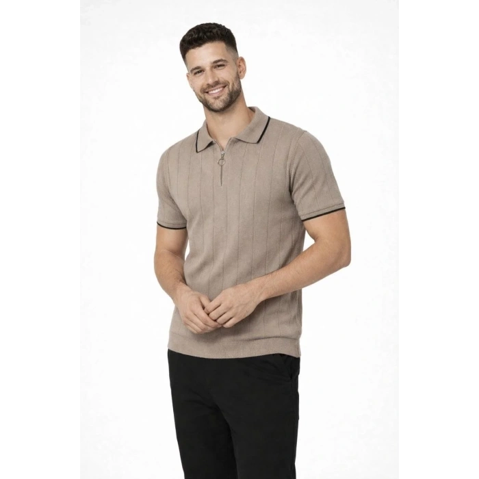 Erkek 3’lü Paket Dokuma Triko  Fermuarlı Yakalı Fitilli Kısa Kollu Regular Fit Tişört - Kahverengi, Beyaz, Siyah