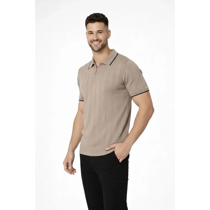 Erkek 3’lü Paket Dokuma Triko  Fermuarlı Yakalı Fitilli Kısa Kollu Regular Fit Tişört - Kahverengi, Beyaz, Bej