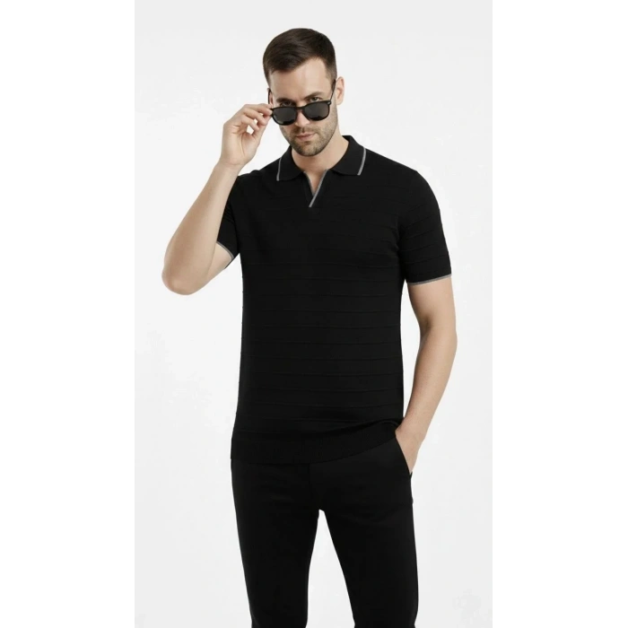 Erkek 3’lü Paket Triko Yakalı Düğmesiz Açık Yaka Fitilli Kısa Kollu Regular Fit Tişört - Siyah, Beyaz, Lacivert