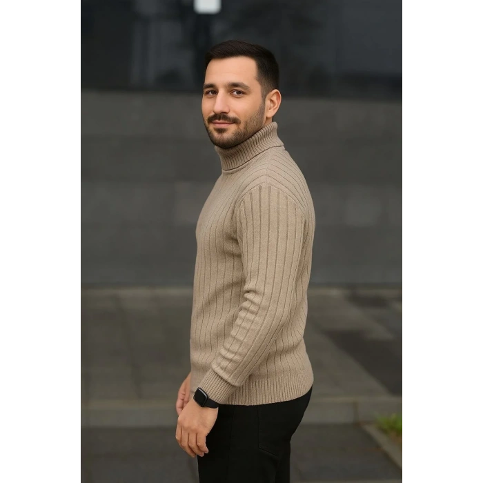 Erkek Balıkcı Yaka Bağazlı Triko Kazak Pamuklu Kalın Fitilli Dokuma, Regular Fit Uzun Kollu Kışlık Model - Bej