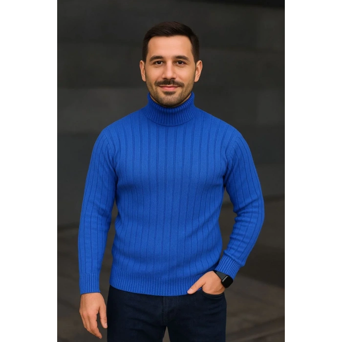 Erkek Balıkcı Yaka Bağazlı Triko Kazak Pamuklu Kalın Fitilli Dokuma, Regular Fit Uzun Kollu Kışlık Model - Saks Mavisi