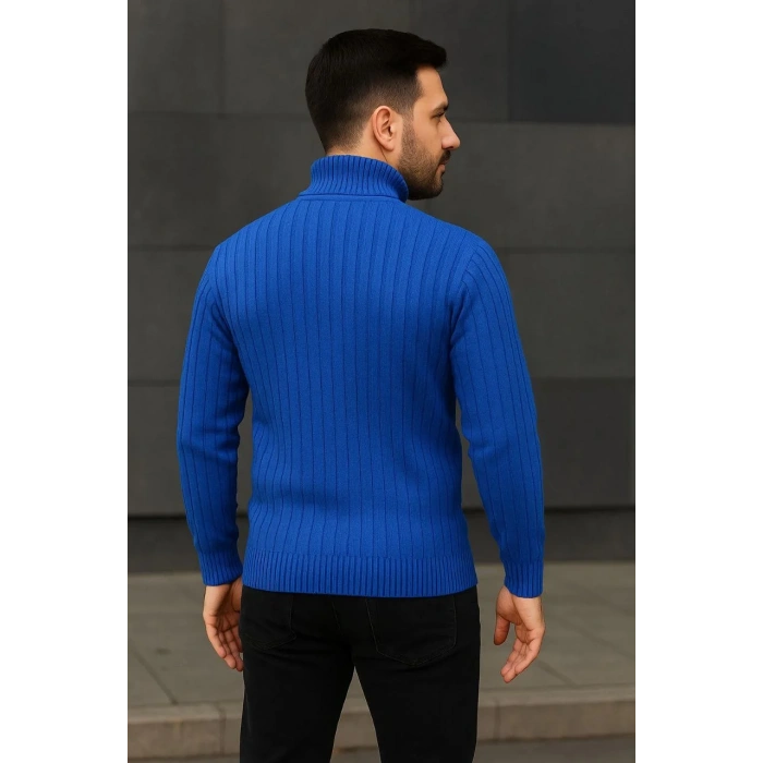 Erkek Balıkcı Yaka Bağazlı Triko Kazak Pamuklu Kalın Fitilli Dokuma, Regular Fit Uzun Kollu Kışlık Model - Saks Mavisi