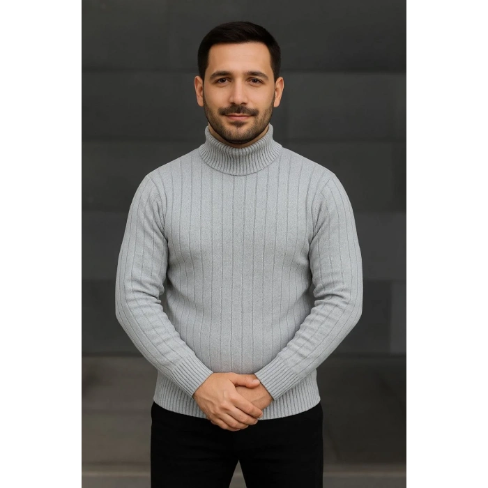 Erkek Balıkcı Yaka Bağazlı Triko Kazak Pamuklu Kalın Fitilli Dokuma, Regular Fit Uzun Kollu Kışlık Model - Gri