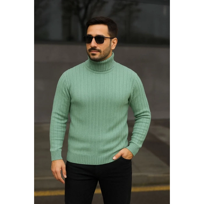 Erkek Balıkcı Yaka Bağazlı Triko Kazak Pamuklu Kalın Fitilli Dokuma, Regular Fit Uzun Kollu Kışlık Model - Mint Yeşili