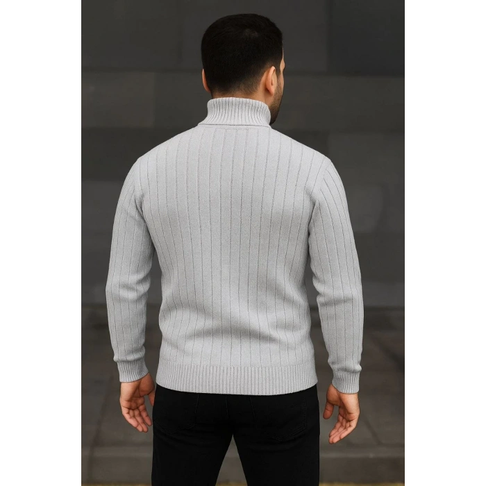Erkek Balıkcı Yaka Bağazlı Triko Kazak Pamuklu Kalın Fitilli Dokuma, Regular Fit Uzun Kollu Kışlık Model - Gri