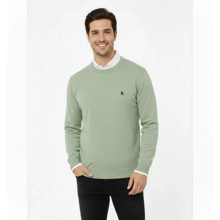 Erkek Bisiklet Yaka Nakış işlemeli Triko Kazak yumuşak dokulu Pamuklu ince Dokuma, uzun kollu Rahat Regular kalıp - Mint Yeşili