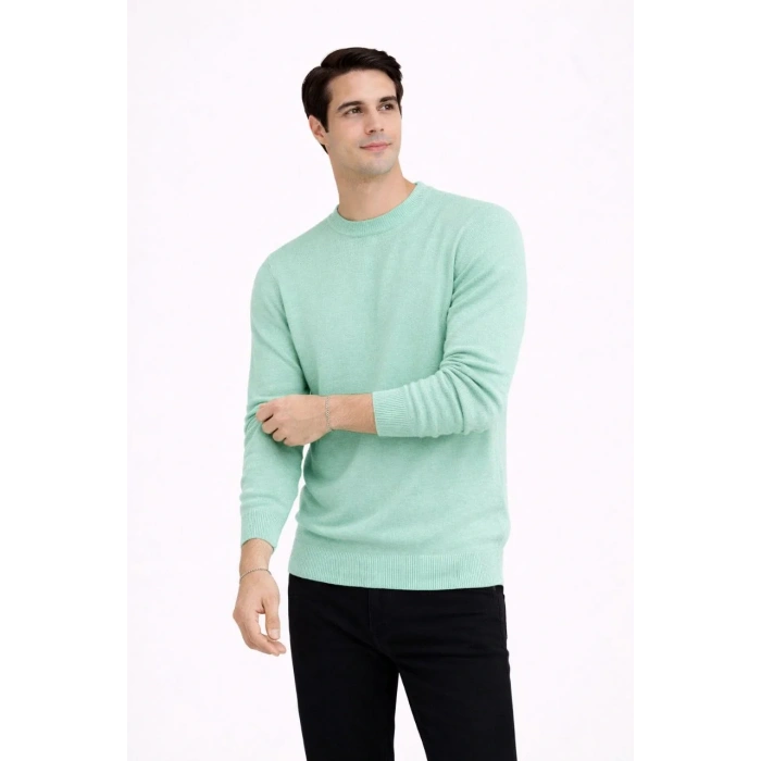 Erkek Bisiklet Yaka Triko Kazak yumuşak dokulu Pamuklu ince Dokuma, uzun kollu Rahat Regular kalıp - Mint Yeşili