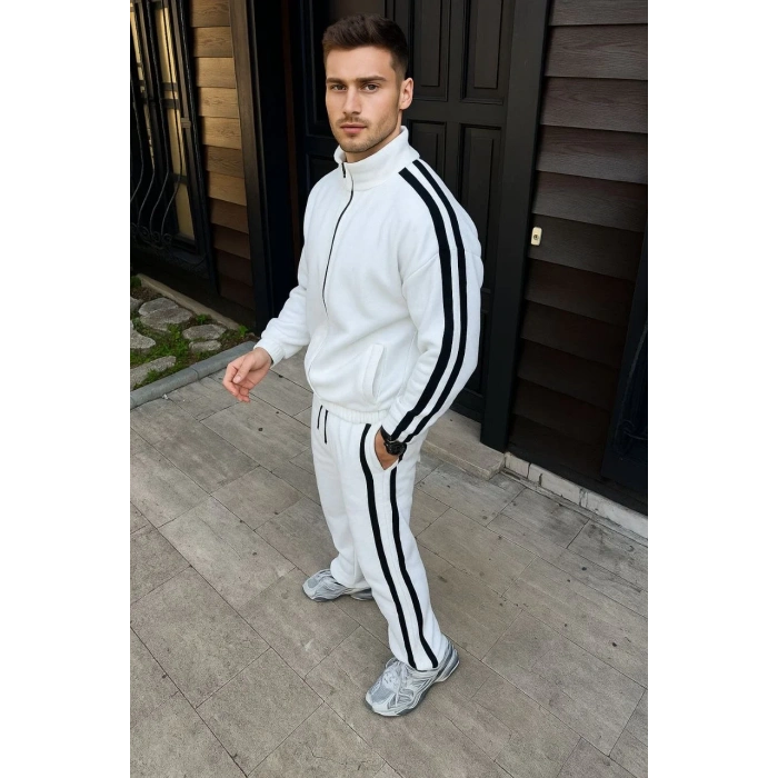 Erkek Çift Şeritli Eşofman Takım Dik Yaka Fermuarlı Sweatshirt Boru Paça Alt, Oversize 3 iplik Pamuklu - Beyaz