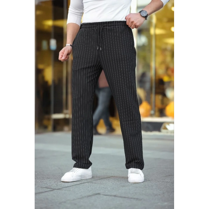 Erkek Cizgili Dokuma Krep Jogger Buggy Pantalon Rahat kalıp - Siyah