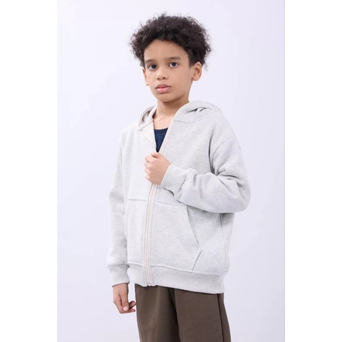 Erkek Çocuk Kapüşonlu Kanguru Çepli Tam Fermuarlı Hırka SweatShirt - Gri