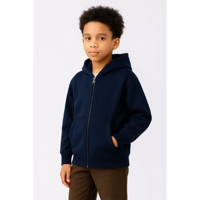 Erkek Çocuk Kapüşonlu Kanguru Çepli Tam Fermuarlı Hırka SweatShirt - Lacivert