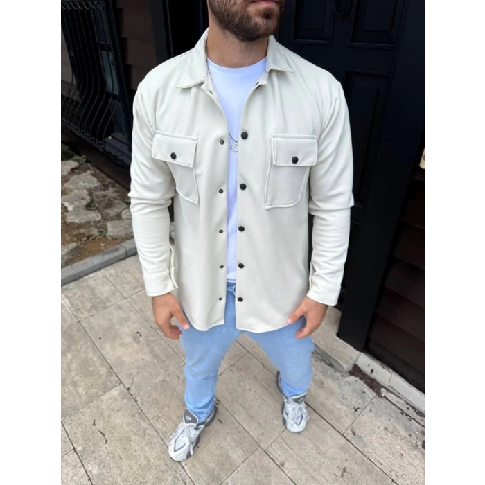 Erkek Diagonal Kumaş Cepli Çıtçıtlı uzun Kollu, Gömlek Oversize Rahat Kalıp Günlük Şık Stil - Beyaz