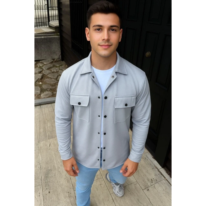 Erkek Diagonal Kumaş Cepli Çıtçıtlı uzun Kollu, Gömlek Oversize Rahat Kalıp Günlük Şık Stil - Gri