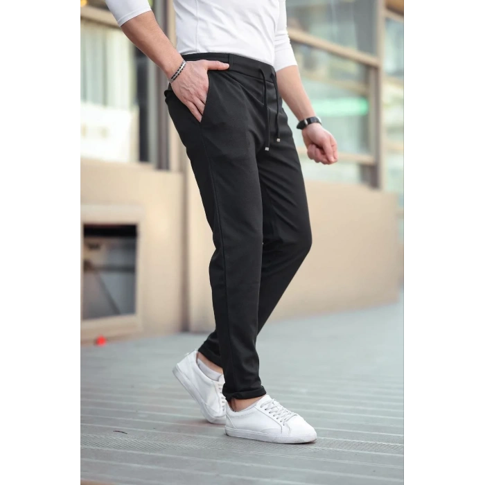 Erkek Diagonel Mikro dokulu Cepli Beli Lastilki Pantolon - Siyah