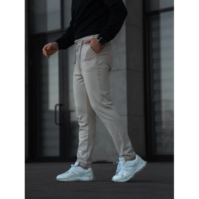 Erkek Diagonel Mikro dokulu Cepli Pantolon - Bej