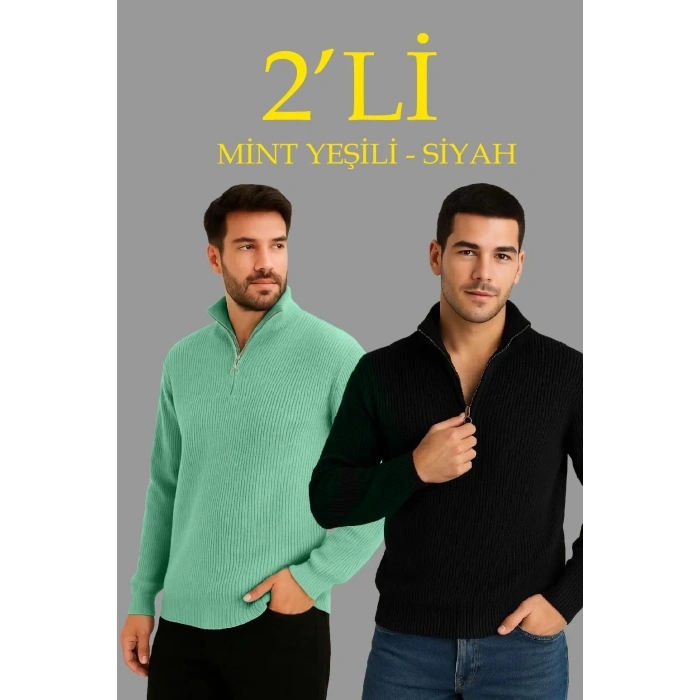 Erkek Fitilli Triko Kazak 2’li Set –  Mint Yeşili & Siyah, Kalın Dokuma Pamuklu Regular Fit V Yaka Fermuarlı Uzun Kollu Rahat Kışlık Kazak Kombini