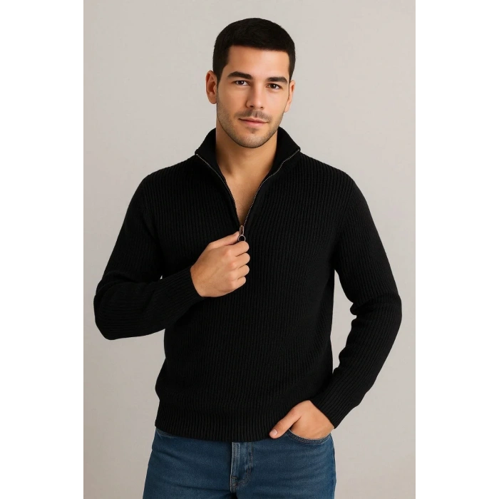 Erkek Fitilli Triko Kazak 3’lü Set – Antrasit, Siyah, Bej Kalın Dokuma Pamuklu Regular Fit V Yaka Fermuarlı Uzun Kollu Rahat Kışlık Kazak Kombini