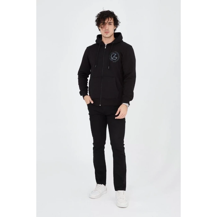 Erkek Kapüşonlu Z Baskılı Fermuarlı Hırka - Siyah