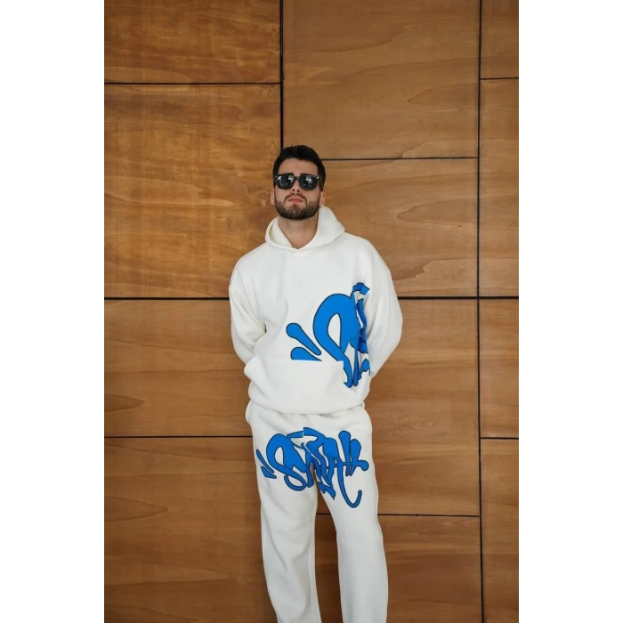 Erkek Kapüşonlu Eşofman Takım Graffiti Baskılı  Oversize Rahat Kalıp, Kanguru Cepli, Streetwear Tarzında Premium Ürün 3 iplik Pamuklu - Beyaz