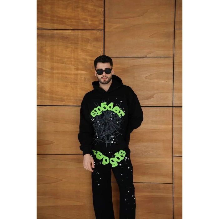 Erkek Kapüşonlu Eşofman Takım Örümcek Ağı ve Neon Yeşil Baskılı Kanguru cepli Oversize Rahat Kalıp, Premium Üç İplik Kumaş - Siyah