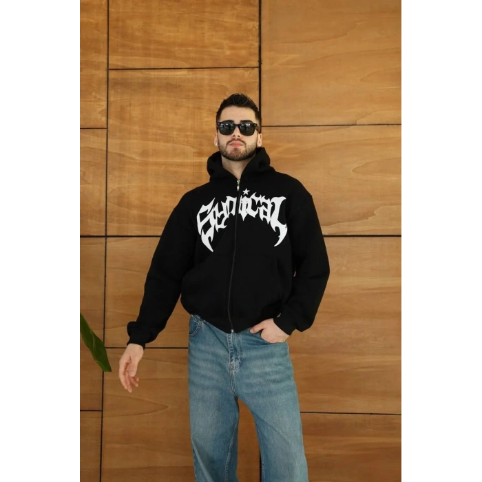 Erkek Kapüşonlu 3 İplik Şardonlu Önü Baskılı Fermuarlı Oversize Sweatshirt - Siyah