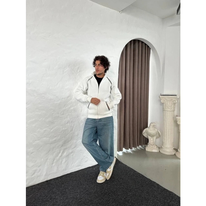 Erkek Oversize Dik Yaka Fermuarlı Sweatshirt - Zincir Nakışli Kanguru Cepli - Beyaz