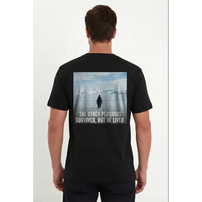 Erkek Oversize Tişört - Sırt Baskılı Survivor Penguin Temalı, Felsefi Yazılı Bisiklet yaka Tişört - Siyah