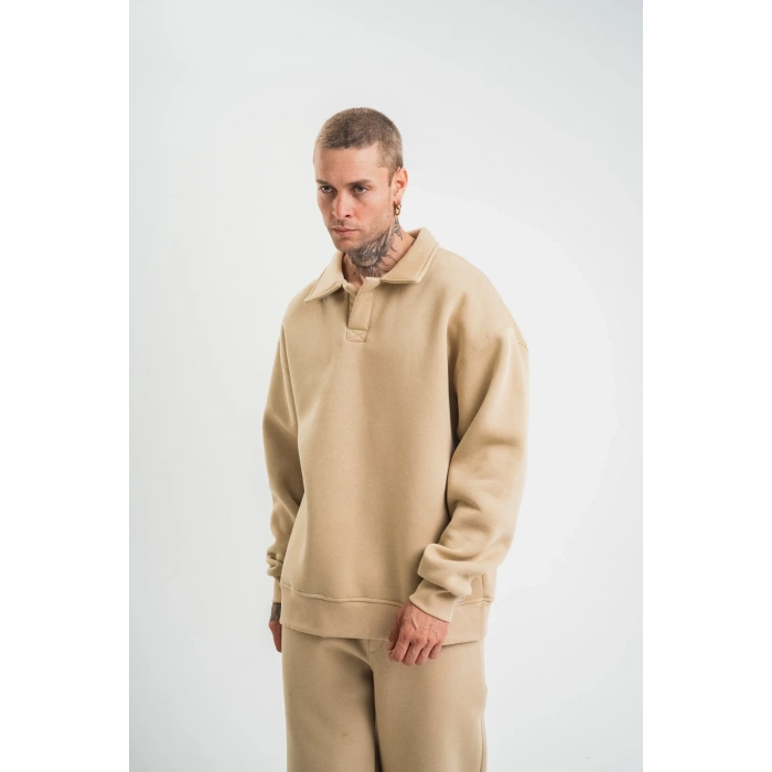 Erkek Patlı Yaka Üç İplik Pamuklu Sweatshirt Double Oversize Rahat Kalıp Günlük Kullanım – Bej