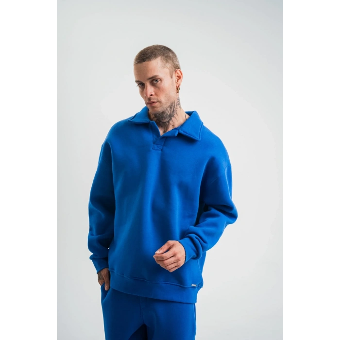 Erkek Patlı Yaka Üç İplik Pamuklu Sweatshirt Double Oversize Rahat Kalıp Günlük Kullanım - Mavi