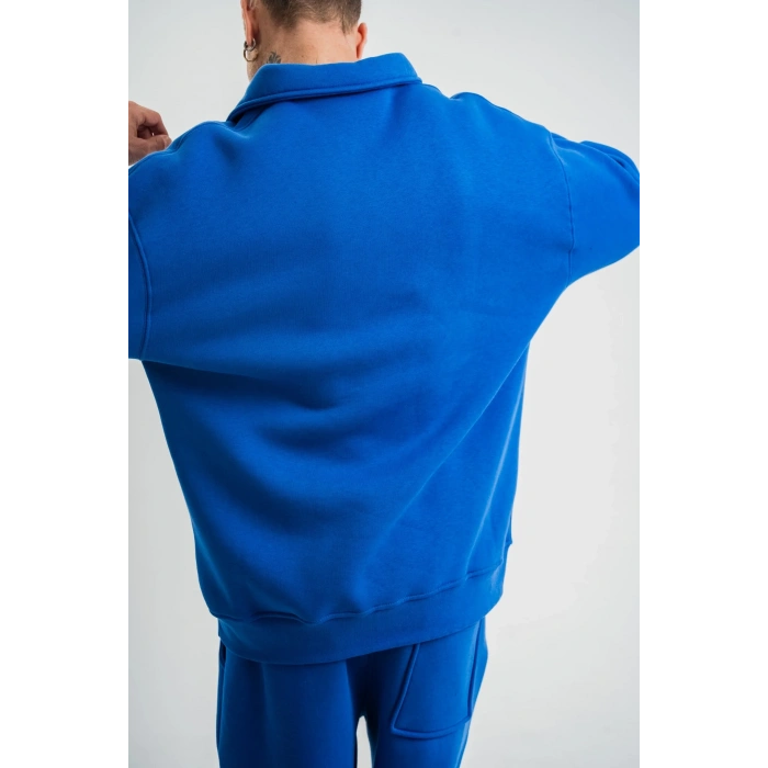 Erkek Patlı Yaka Üç İplik Pamuklu Sweatshirt Double Oversize Rahat Kalıp Günlük Kullanım - Mavi