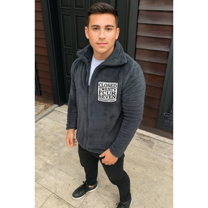 Erkek Desenli Polar Gömlek – Etnik Şerit Desen Yakalı, Uzun Kollu, Düğmeli, Oversize Rahat Kalıp - Füme