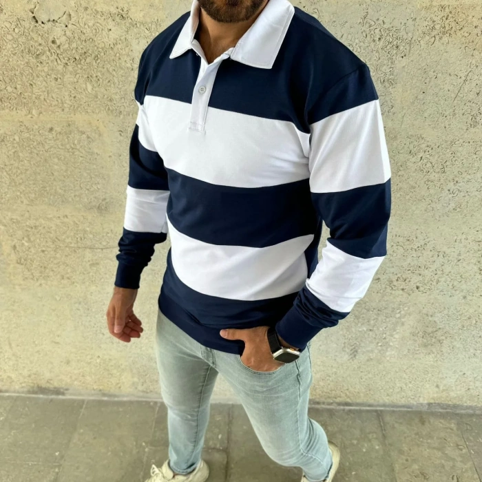 Erkek Polo Yaka Uzun Kollu Çizgili Sweatshirt Trend Rugby Stil - Lacivert