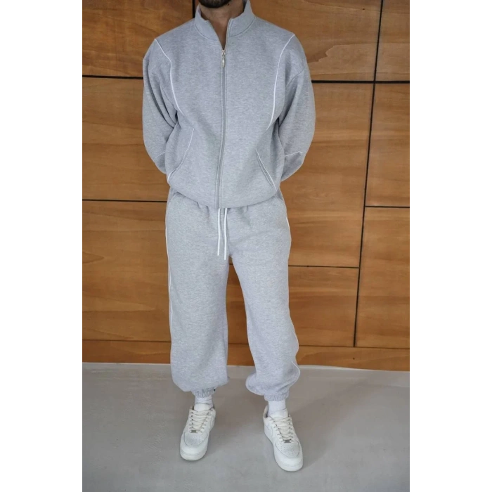 Erkek Premium Parçalı Eşofman Takım - Dik Yaka Fermuarlı Biyeli Sweatshirt Lastik Paça Alt, Oversize 3 iplik Şardonlu - Gri