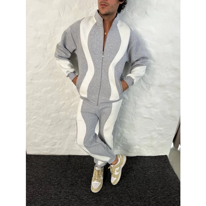 Erkek Premium Parçalı Eşofman Takım - Dik Yaka Fermuarlı Sweatshirt, - Gri