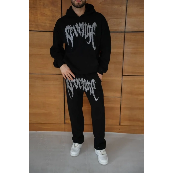 Erkek Premium Taş Baskılı Eşofman Takım Revenge Model (Siyah) Kapüşonlu Üst + Taşlı Baskılı Alt Modern Streetwear Tarzı Oversize Rahat Kalıp 3 iplik Pamuklu - Siyah