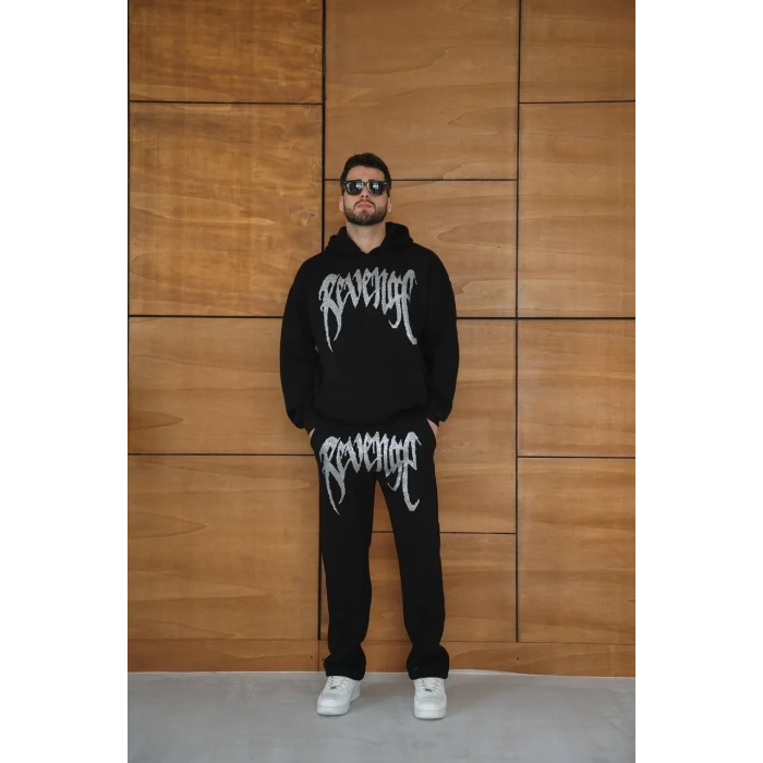 Erkek Premium Taş Baskılı Eşofman Takım Revenge Model (Siyah) Kapüşonlu Üst + Taşlı Baskılı Alt Modern Streetwear Tarzı Oversize Rahat Kalıp 3 iplik Pamuklu - Siyah