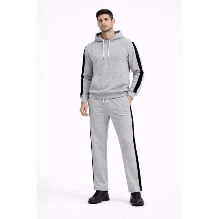 Erkek Şeritli Eşofman Takım Kapüşonlu Sweatshirt Boru Paça Alt, Oversize 3 iplik Pamuklu - Gri