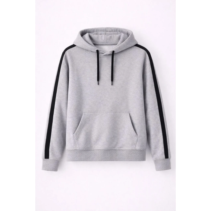 Erkek Şeritli Kapüşonlu Sweatshirt Oversize 3 iplik Pamuklu - Gri