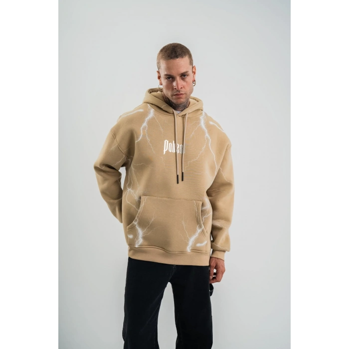 Erkek Şimşek Baskılı Kapşonlu Sweatshirt Üç İplik Pamuklu Kanguru Cepli Double Oversize Hoodie - Füme