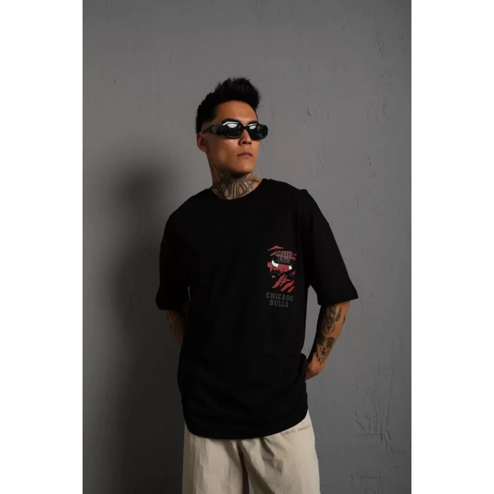 Erkek Sırt Baskılı A Kalite Oversize T-shirt - Siyah