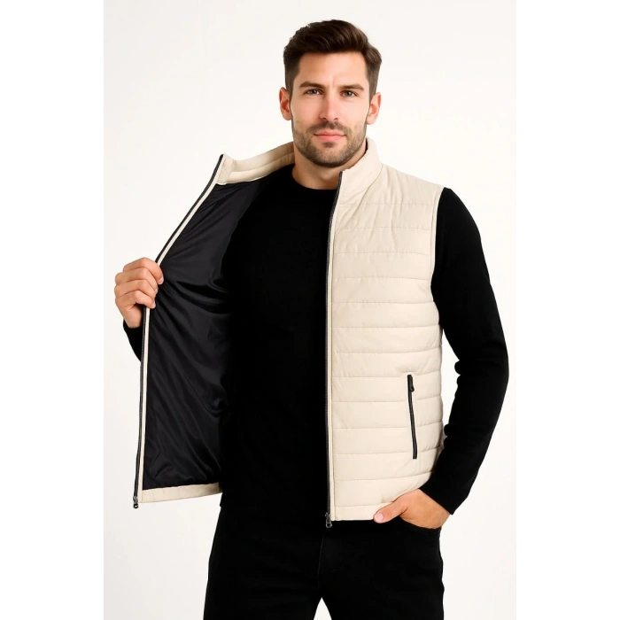 Erkek Şişme Fermuarlı Yelek Su itici Kapitone Astarlı Kumaş Cepli Hafif Kışlık Spor Rahat Kalıp -Bej